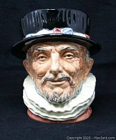 Front view of the Royal Doulton Beefeater Toby Jug showing facial detail and hat.