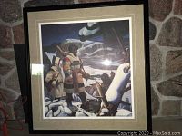 Framed reproduction print showing three historic traders in winter scene by Charles F. Comfort