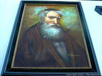 Front angled view of the full framed oil painting showing the old man with a pipe and visible signature.