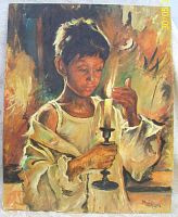 Full view of oil painting showing boy holding candle, signed Aleri 1972.