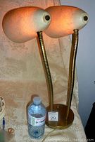 Front view of the twin-head desk lamp with both lamps lit, showing the warm glow of fiberglass shades and brass-tone flexible arms on round base next to water bottle for scale.