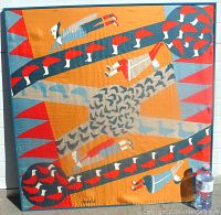 Front view of framed silk screen print depicting stylized seabirds and human figures