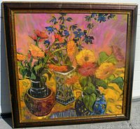 Frontal view of the framed painting showing the full composition of flowers and vases.