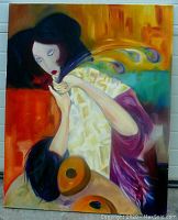 Straight view of colorful surreal impressionist oil painting on canvas with a female figure and cantaloupes, signed by artist.