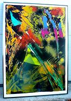 Framed vibrant abstract lithograph showing bright colors and dynamic strokes including yellows, reds, blues, pinks, and greens.