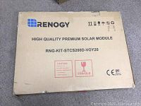 Cardboard box labeled Renogy High Quality Premium Solar Module RNG-KIT-STCS200D-VOY20