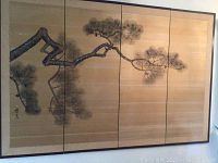 Full view of four-panel silk artwork featuring pine branches across all panels.