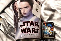 Star Wars The Last Jedi mini trash can featuring Rey and Finn and a small Darth Vader watch box visible