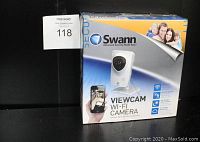 Front of Swann Viewcam Wi-Fi Camera box with product image and branding.