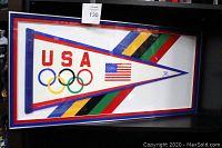 Full view of framed wall art featuring USA 1984 Olympics pennant with Olympic rings and American flag, showing overall condition and size.