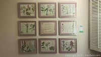 Nine framed floral and prayer prints arranged on wall, each 12.5X11 inches, with pink mats and thin metallic frames