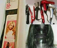 Close-up photo of Jessica Simpson 23" clip-in wavy hair extensions in Chocolate Copper in original packaging along with hair styling tools like blow dryers and curlers.