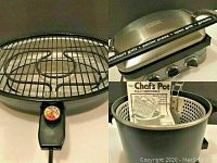 Photo of Dazey Bar-BQ Indoor Grill showing the metal grilling surface, heating element, and temperature dial on the control housing, black drip tray below grill.