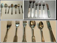 Multiple pieces of silverware laid out showing forks, spoons and knives with intricate handle designs