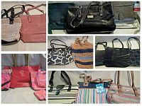 Overview collage showing multiple handbags in various colors, patterns and types laid out on a bed including pink, striped, woven, black leather, patterned fabrics.