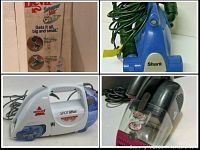 Four image collage showing Dirt Devil Sweeper Vac with Swiffer, Bissell Spot Lifter, Shark corded handheld vacuum, and Bissell Pet Hair Eraser handheld vacuum
