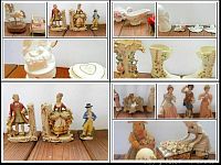 Composite photo showing wooden music boxes, cradle, white and gold themed music boxes, a heart-shaped container, and some figurines.