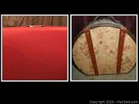 Flamingo pink suitcase exterior with textured surface and silver handle on top, and vintage postcard patterned wooden hat box purse with leather straps.