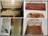 Multiple wood and framed plaques with various quotes and sayings, some humorous, some inspirational