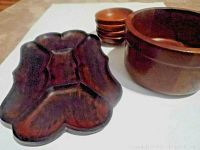 Carved 5 section wooden tray next to the segmented bowl and four small bowls showing relative size and shape.