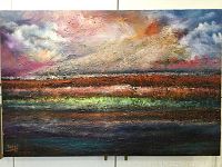Front view of large-scale oil painting mounted on wall, abstract textured landscape with vibrant colors