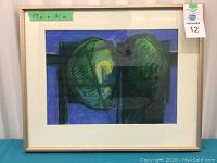 Front view of framed artwork in glass, showing abstract pastel with dominant colors green, blue, and yellow.