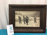 Front view of framed AB Frost print depicting four men with instruments in snow