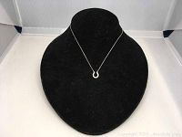 Silver chain necklace displayed on black velvet bust with small horseshoe pendant with Swarovski crystals.