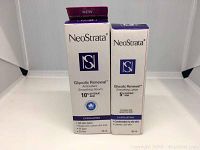 Two boxed bottles of NeoStrata Glycolic Renewal products, one Antioxidant Smoothing Serum 30ml 10% Glycolic Acid and one Smoothing Lotion 50ml 5% Glycolic Acid, displayed upright.