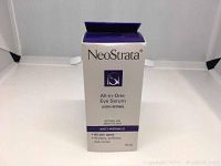 Front view of the NeoStrata All-in-One Eye Serum box, showing product name, concentration of retinol, and benefits such as anti-wrinkle, suitable for sensitive skin, wrinkles, puffiness, dark circles, 15 ml size.