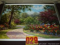 Full view of large lithograph print depicting a lush garden scene with pathway and colorful flowers.