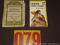 Photo of two vintage books: 'The Mummy and the Mumps' with ornate green decorative border and 'Lassie Come-Home' paperback with boy and dog illustration