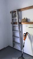 Full view showing the 6-foot aluminum ladder leaning against a wall with the weed eater standing next to it.