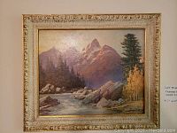 Front view of framed painting showing mountain landscape and frame