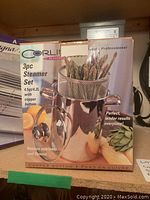 Boxed Corlin 3pc steamer set with copper bottom, includes pot, mesh basket, and glass lid
