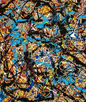 Close-up of the abstract painting showing detailed colorful enamel splashes and brush strokes