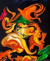 Full front view of abstract oil painting with orange, yellow and green strokes on black background