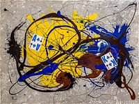 Full view of the original 31x23 inch oil painting showing abstract style with playing cards in the composition.
