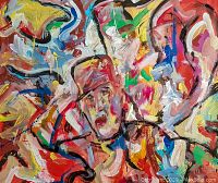Front close-up photo showing the textured brushstrokes, abstract depiction of a human face, and vibrant color palette of the painting.