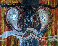 Front view of abstract painting featuring two playing cards integrated into the design with flowing colorful paint and textured surface.