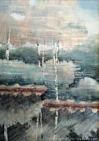 Close-up photo of the painting depicting water reflection with birch trees and foliage, showing brush stroke texture and color detail.