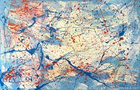 Full-frame flat view of entire canvas showing white and light blue background with red and blue paint splatters