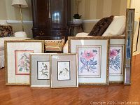 Wide view of all five framed items: two large floral prints, two smaller bird prints, and one tall narrow gold framed mirror, arranged on floor in living room.
