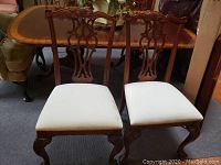 Front view of two chairs with dining table in background showing overall set and matching design