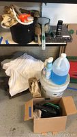 Photo showing bucket with cleaning products, cloths, brushes, a box with cords, and several automotive sprays and liquids.