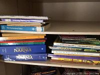 Books stacked on shelves including The Chronicles of Narnia, Alice in Wonderland, The Haunted House, and others.