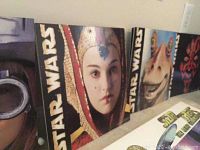 Four 12x12 Star Wars two-sided cardboard posters showing characters like Anakin Skywalker, Queen Amidala, Jar Jar Binks, and Darth Maul.