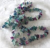 Top view of the fluorite chip stone necklace arranged to show colors and stone shapes.