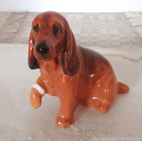 Front view of the Royal Doulton cocker spaniel dog figurine showing the detailed face, long ears, glossy brown finish, and white bandage on front left paw.