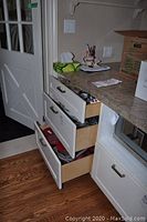 Image of countertop and drawers containing kitchen ware and supplies.